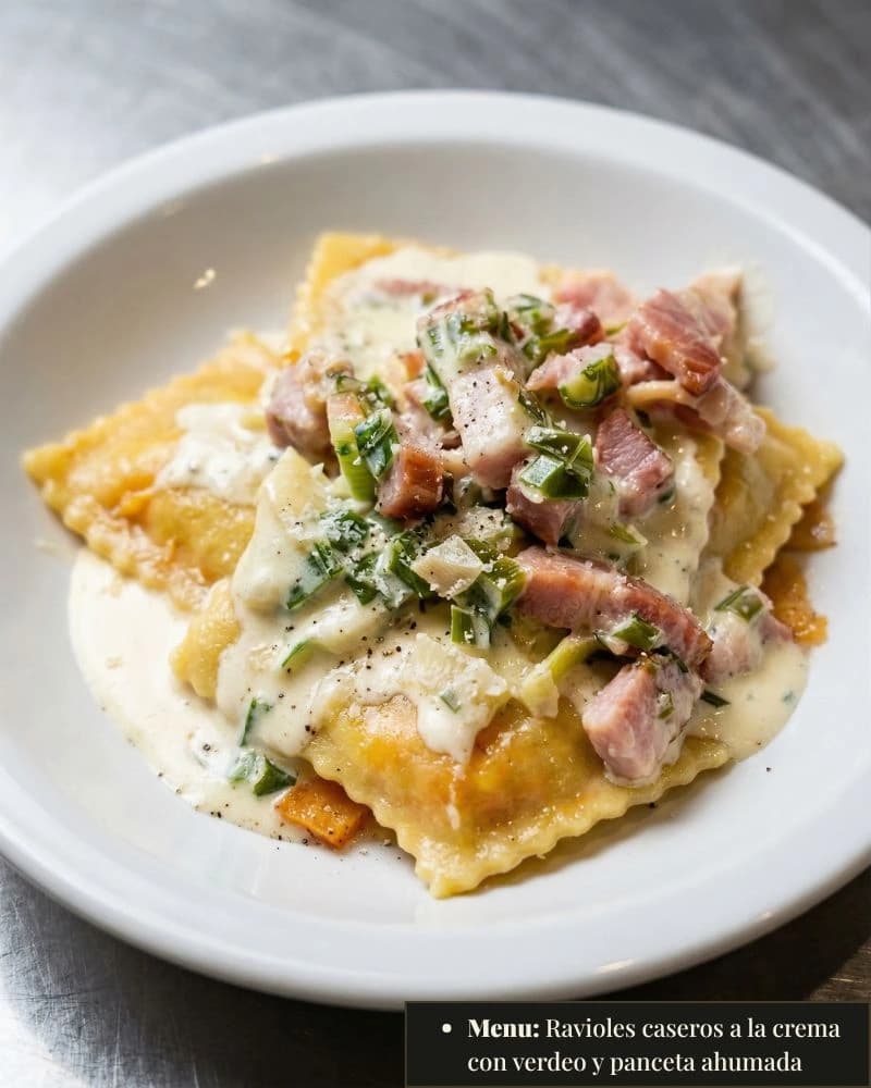 Ravioles caseros a la crema con verdeo y panceta ahumada